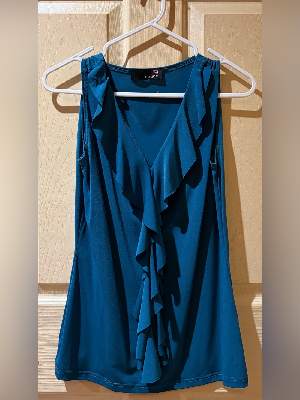 Vintage Laura Teal Ruffle Front Sleeveless Blouse, Size S